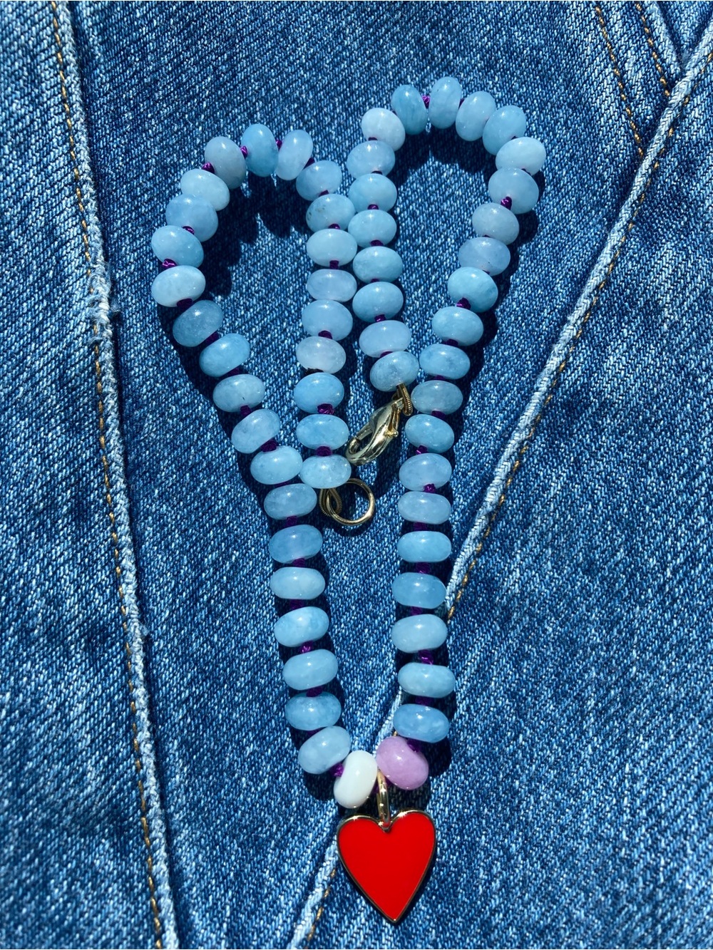 Handmade blue necklace, purple silk knotted jade beads with red enamel charm